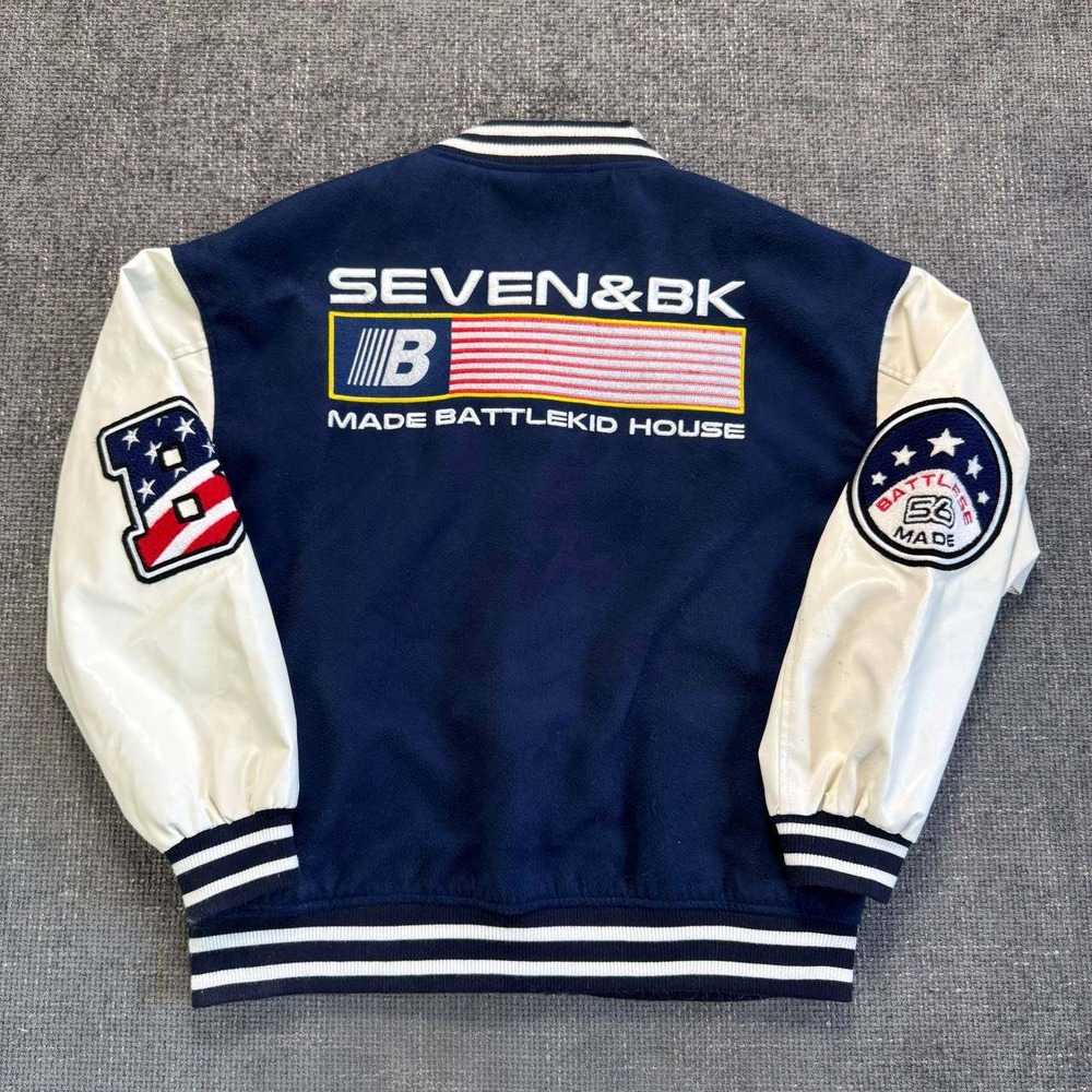 Battle Kid Varsity Jacket Mens L Navy Blue Cream Y2K Streetwear Letterman 56